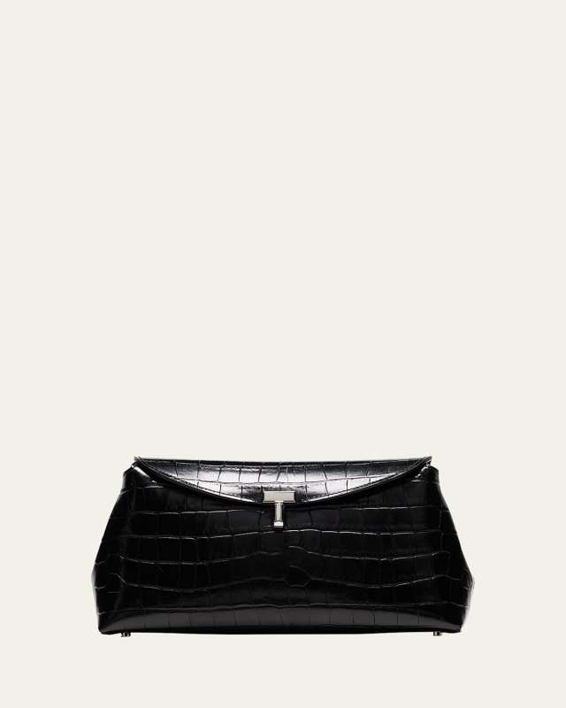 T-Lock Croc-Embossed Leather Clutch Bag